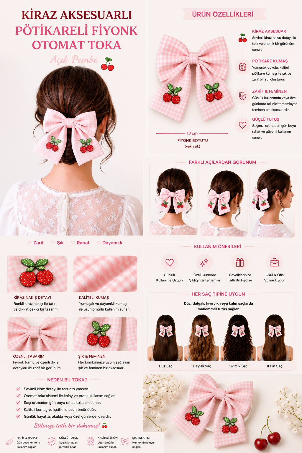 Cherry Accessory Gingham Bowtie Automatic Buckle Light Pink