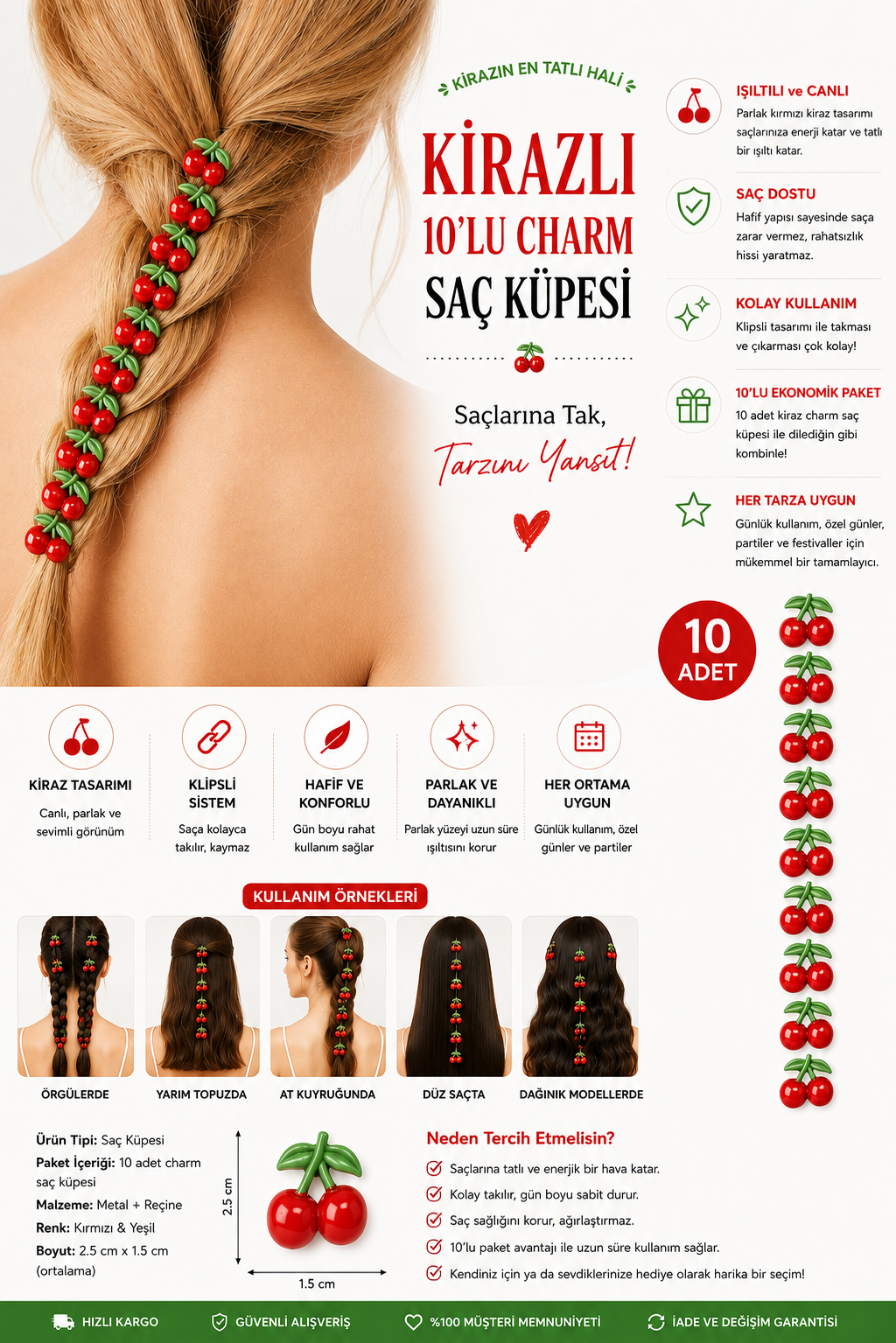 Kirazlı 10'lu Charm Saç Küpesi