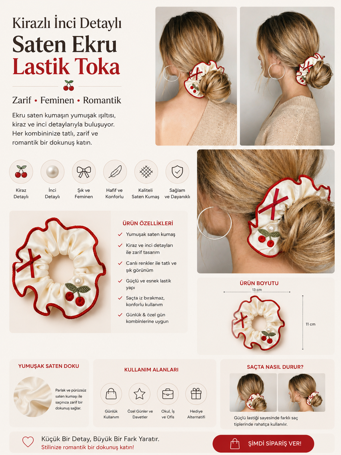 Kirazlı İnci Detaylı Saten Ekru Lastik Toka 