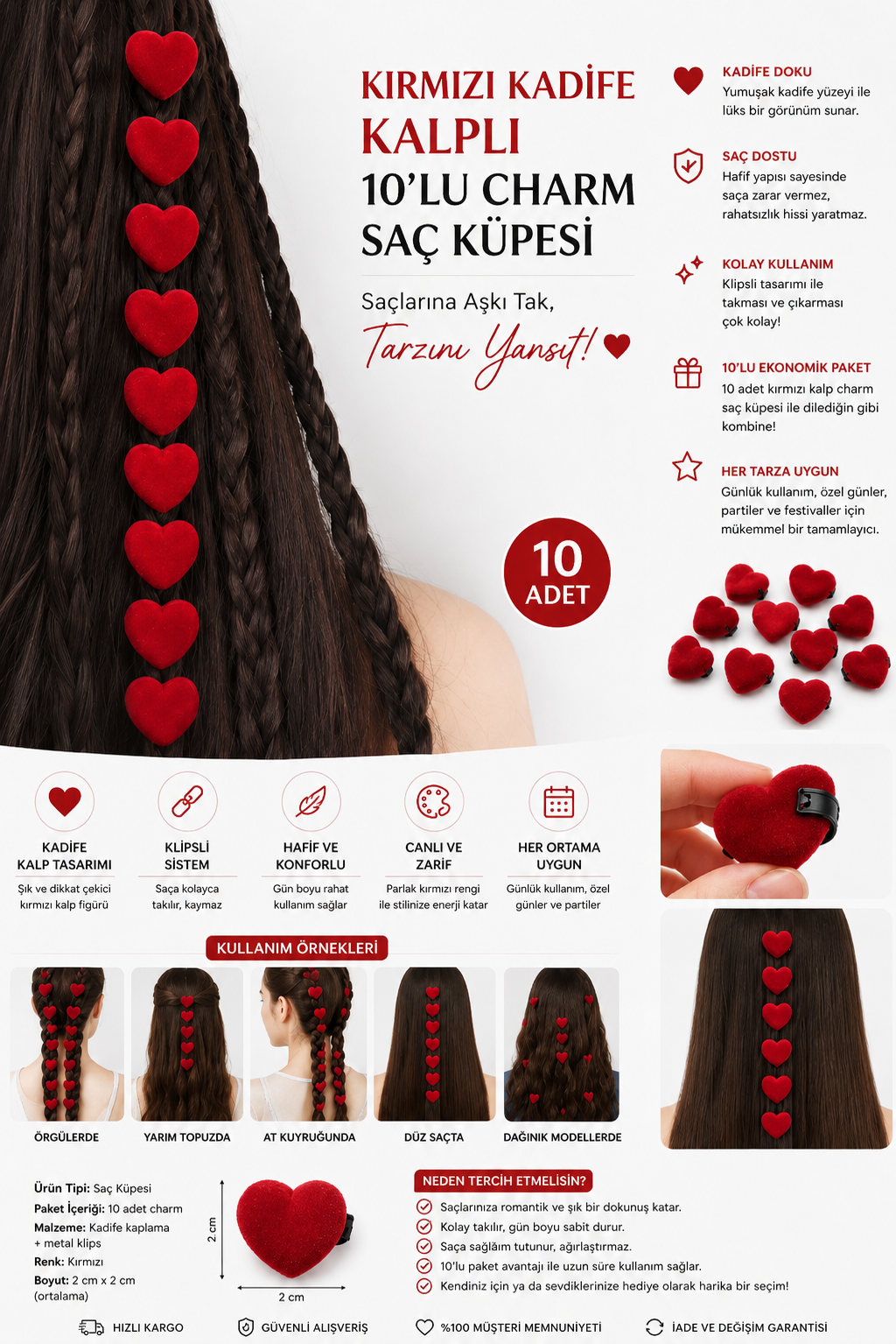 Kırmızı Kadife Kalpli 10'lu Charm Saç Küpesi 