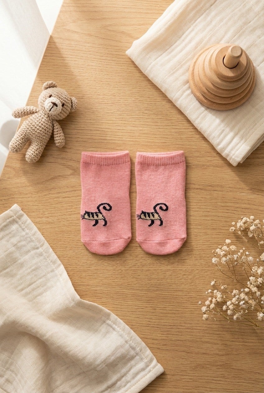 12501G1024 KEDİLİ BEBEK STEP ÇORAP Pembe