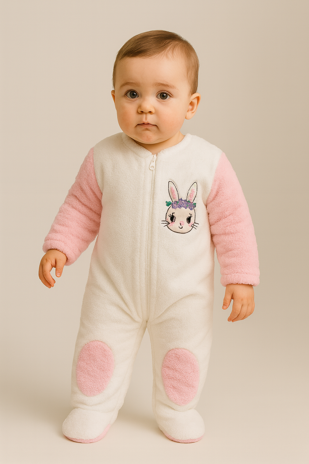 Kız Bebek Tavşan Desenli Kulaklı Kapüşonlu Peluş Tulum Pembe