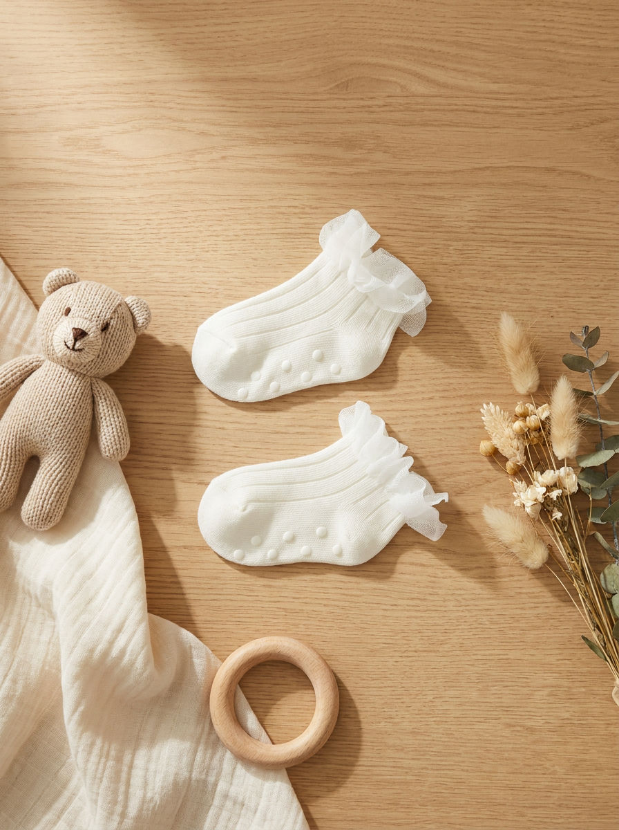 Kız Bebek Tül Aksesuarlı Step Çorap Beyaz