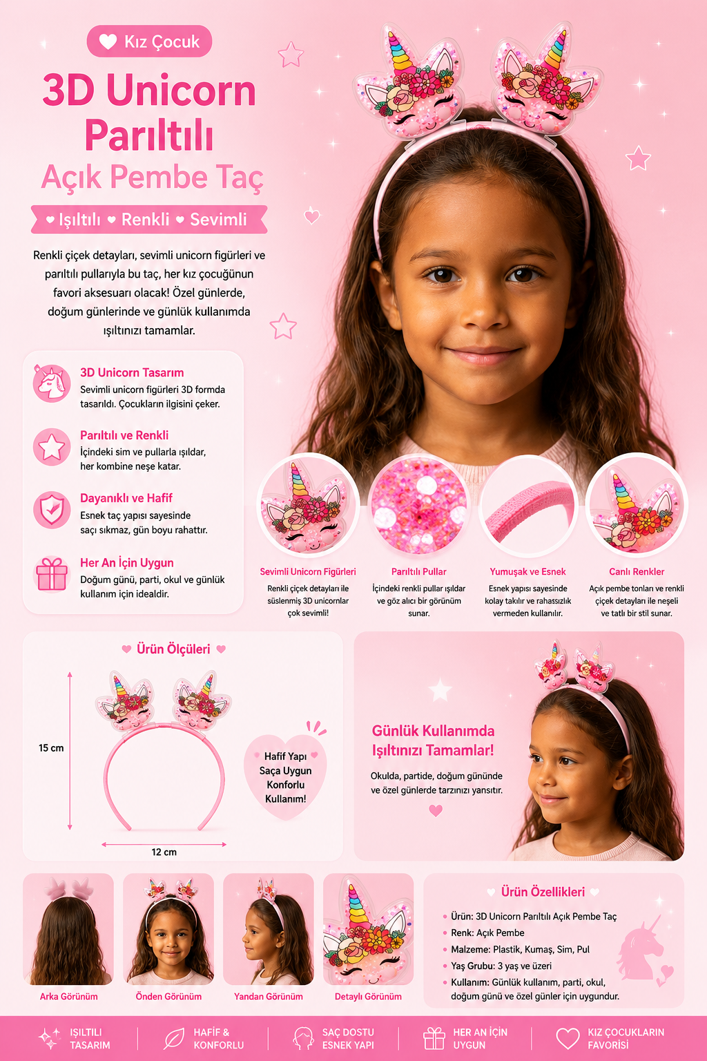 Kız Çocuk 3D Unicorn Parıltılı Açık Pembe Taç