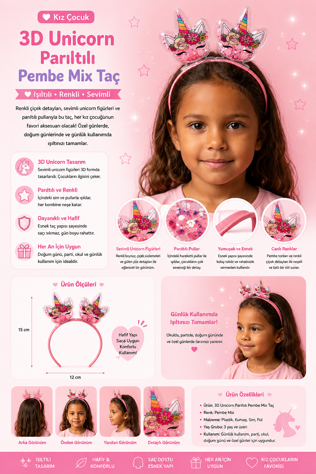 Kız Çocuk 3D Unicorn Parıltılı Pembe Mix Taç