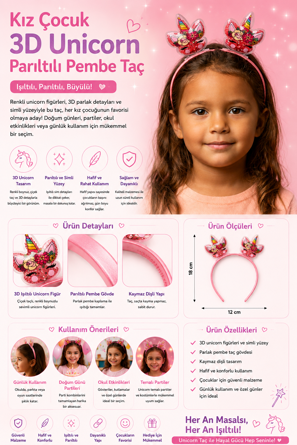 Kız Çocuk 3D Unicorn Parıltılı Pembe Taç