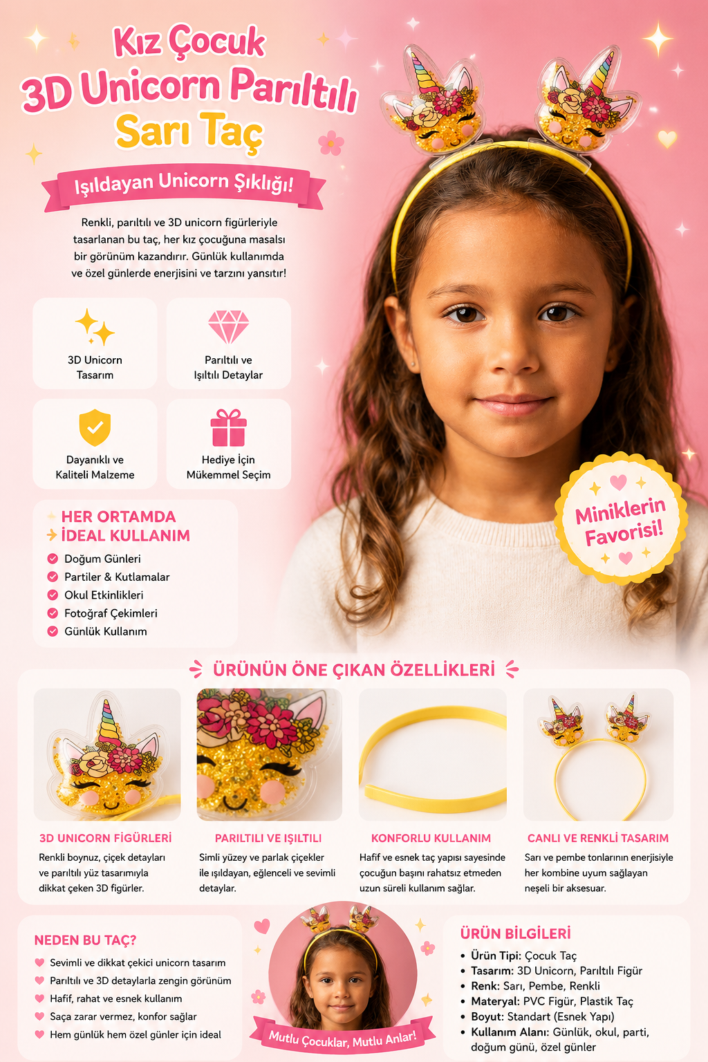 Kız Çocuk 3D Unicorn Parıltılı Sarı Taç