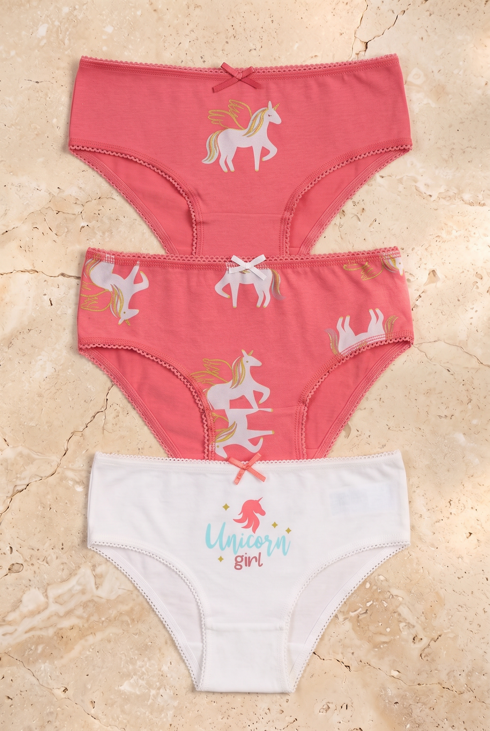Kız Çocuk 3'lü Paket Unicorn Slip Ekru/Pembe