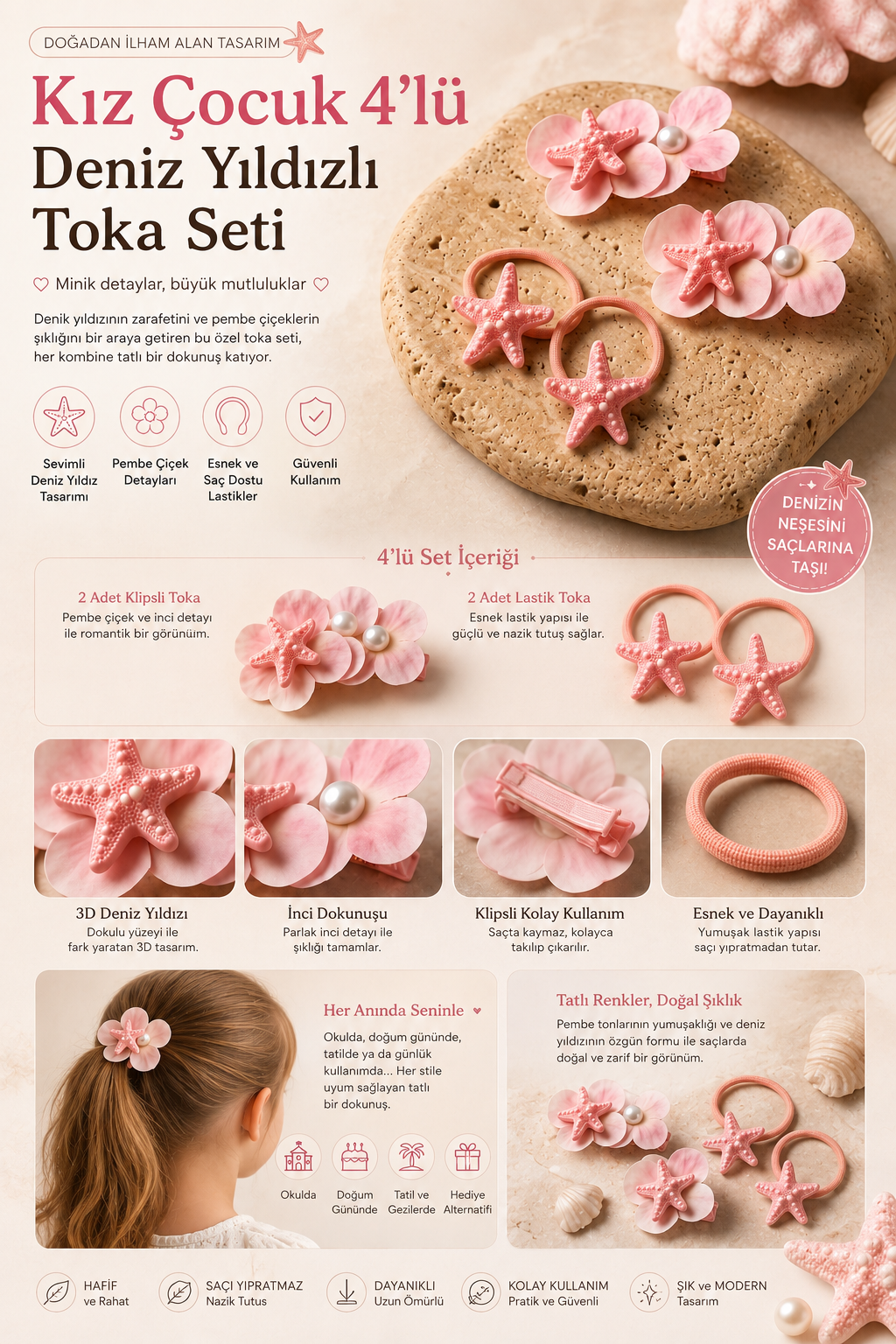 Kız Çocuk 4'lü Deniz Yıldızlı Toka Seti Koyu Pembe