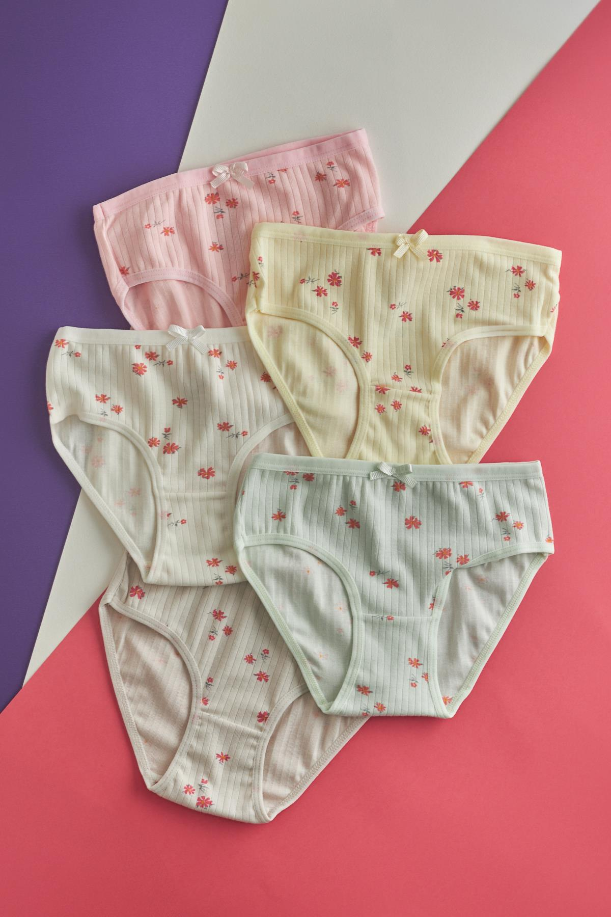 Kız Çocuk 5 li Paket Çiçekli Ribanalı  Slip Külot Renkli