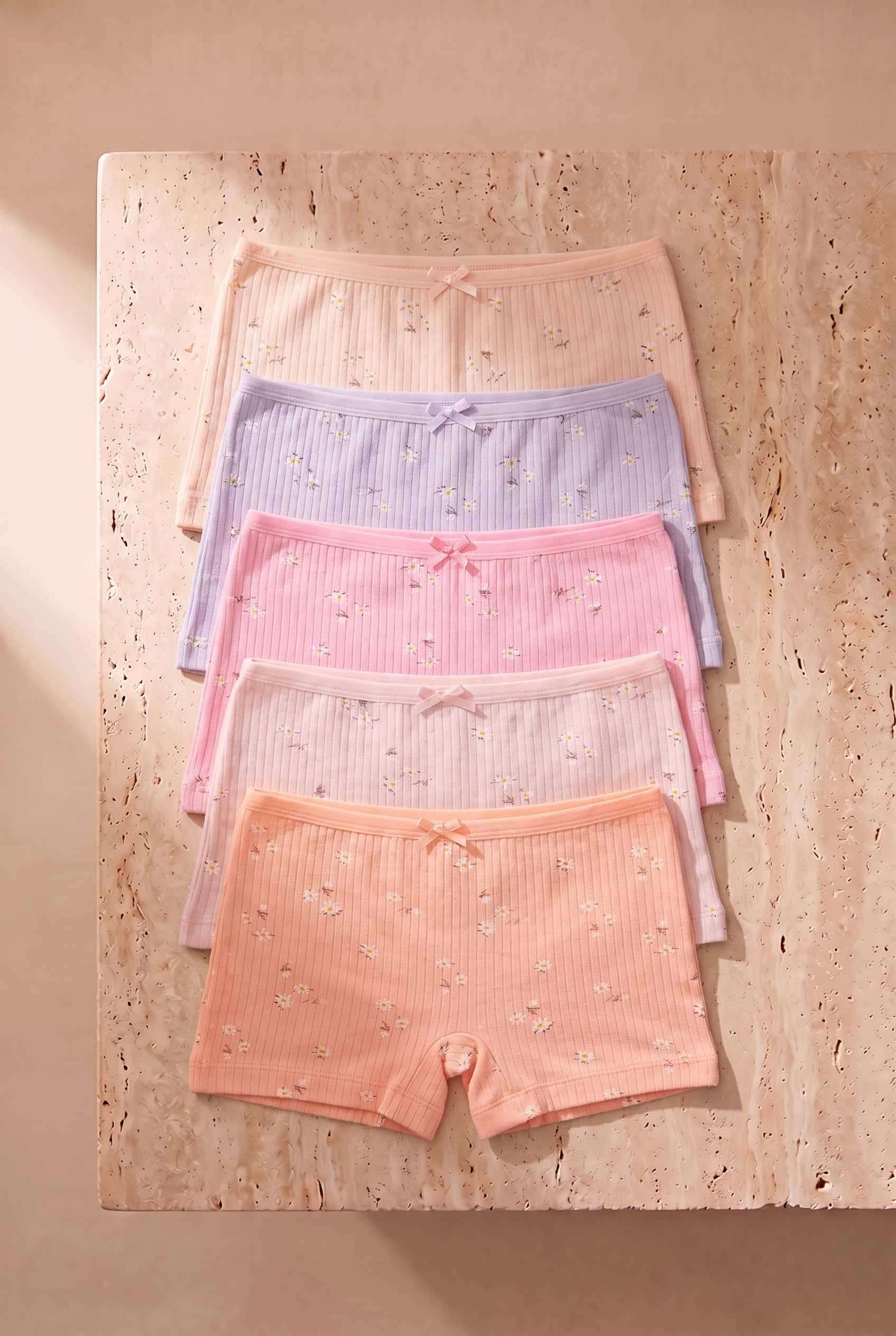 Girls' 5-Pack Bow-Decorated Ribbed Boxer Multi-Color