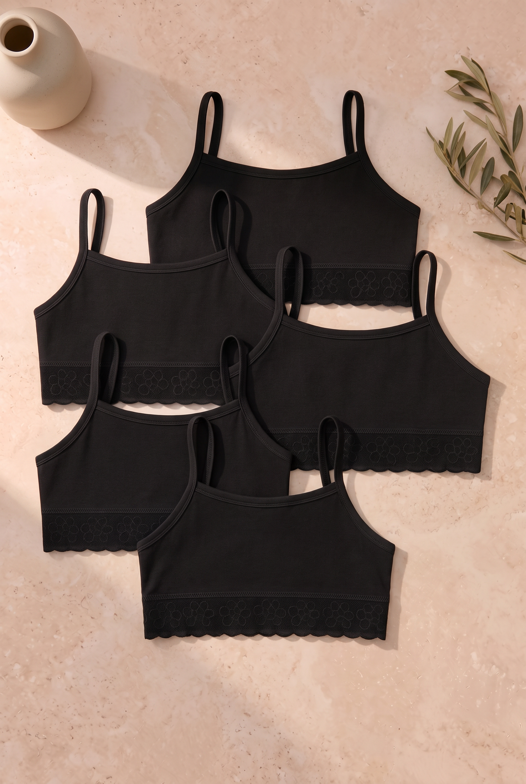 Girls' 5-Piece Lace Detail Basic Thin Strapped Camisole Black