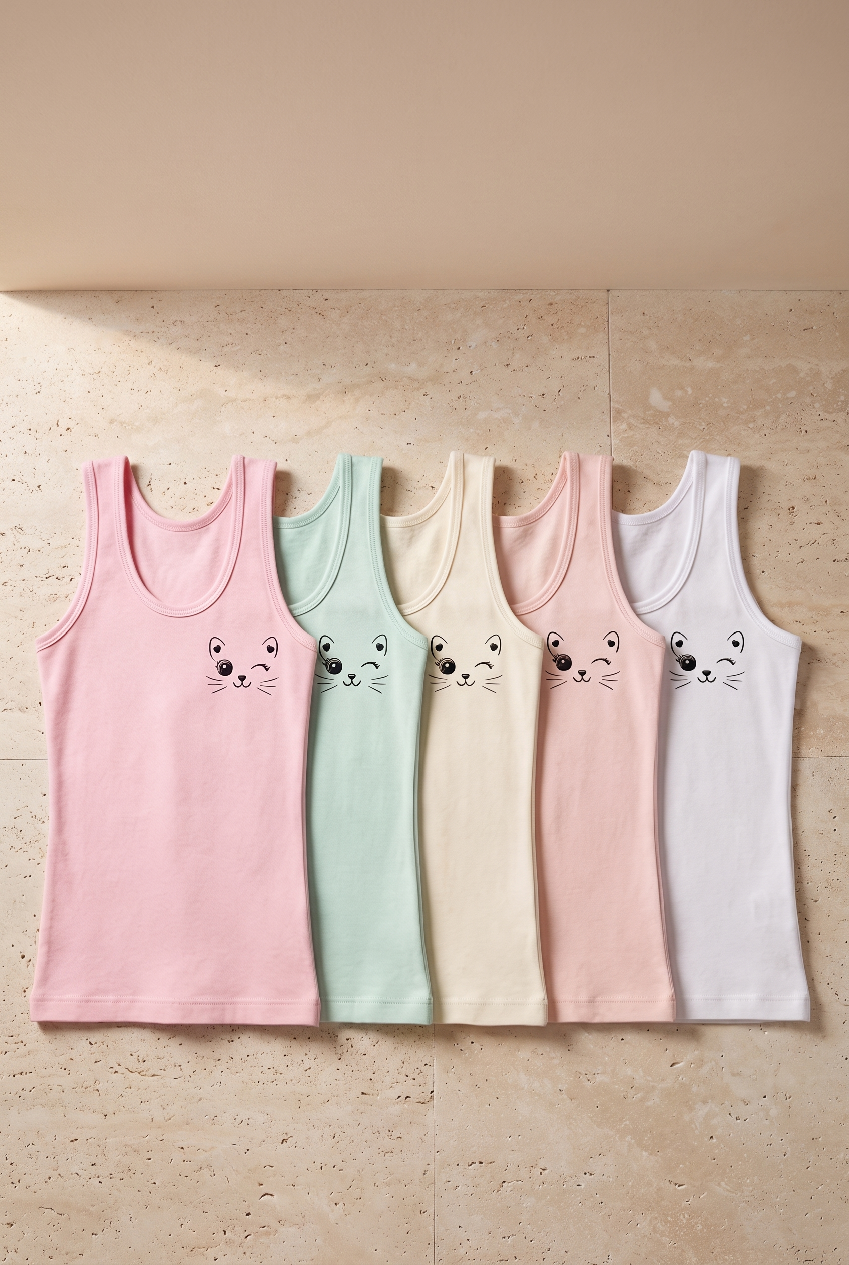 12503G1059 5PCK KEDİ BASKILI KIZ ÇOCUK ATLET - K-7923 Patterned