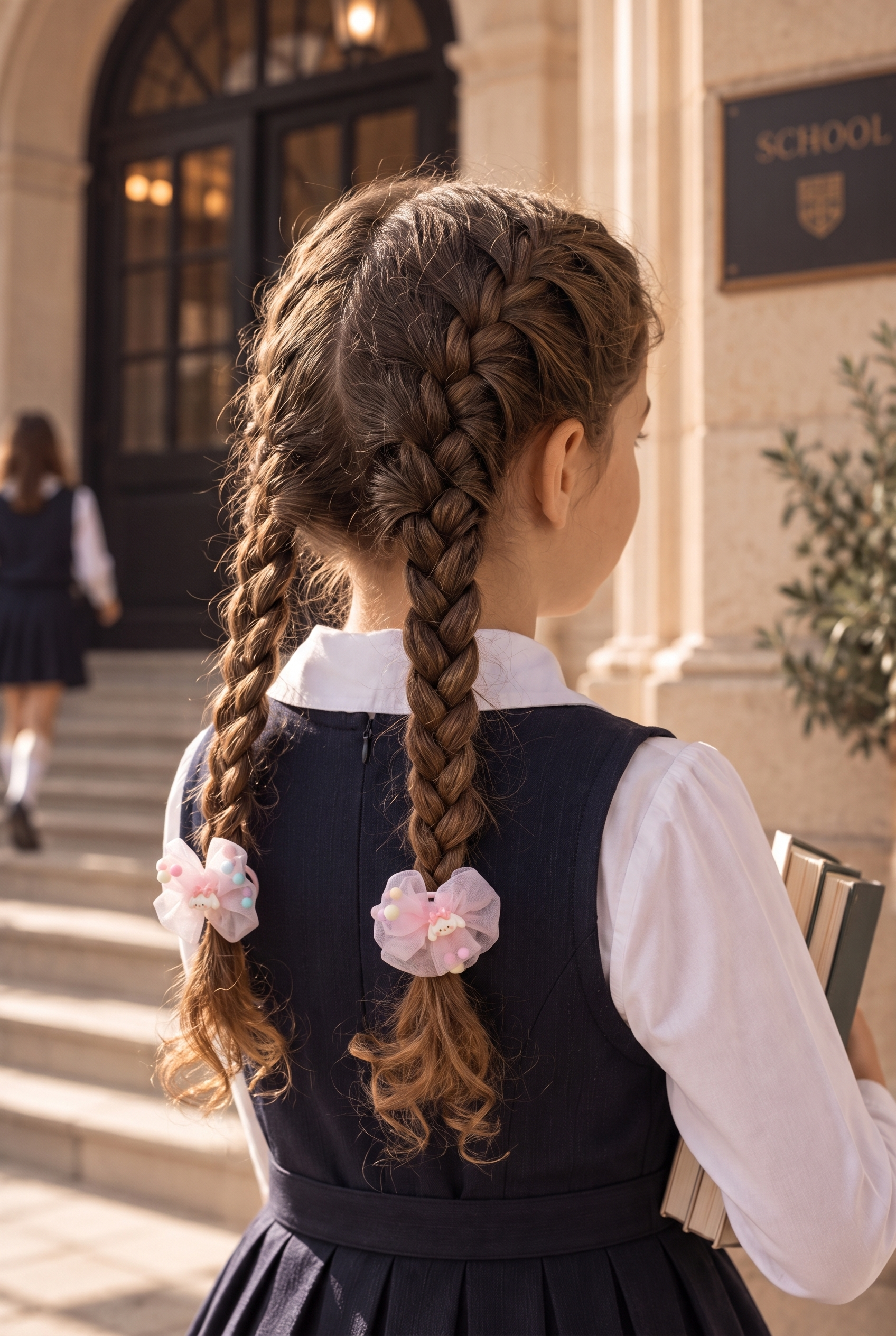 Kız Çocuk Boncuk Detaylı Tül Çiçekli 2'li Lastik Toka Pembe