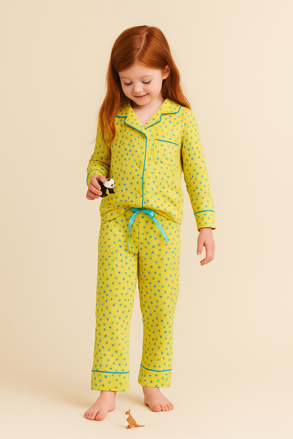 Kız Çocuk Çiçekli Pijama Takımı Hardal