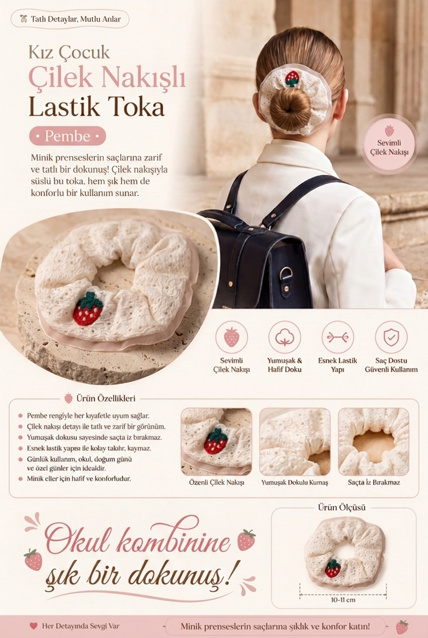 Kız Çocuk Çilek Nakışlı Lastik Toka Pembe 