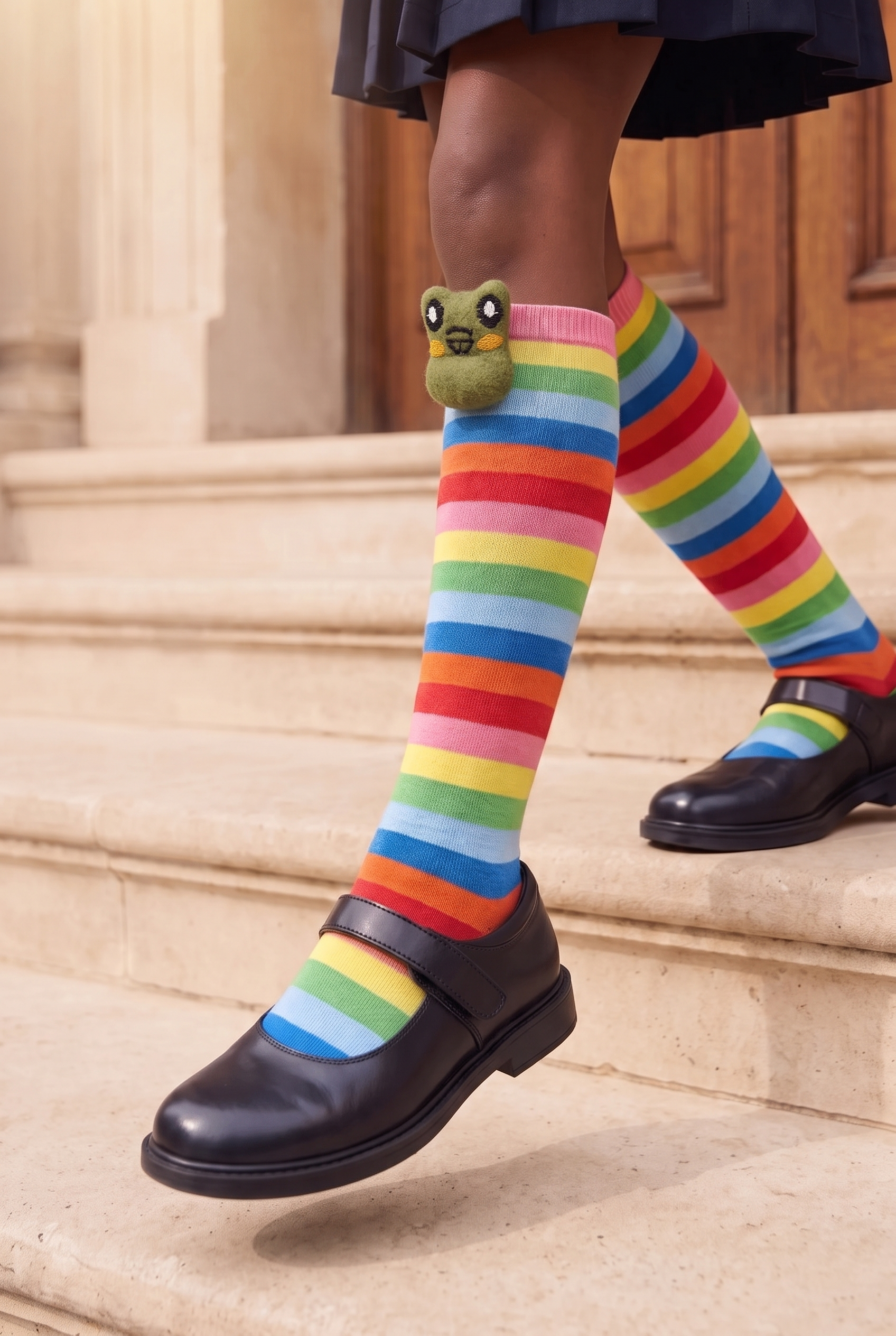 Kız Çocuk Colored Frog Desenli Dizaltı Okul Çorabı