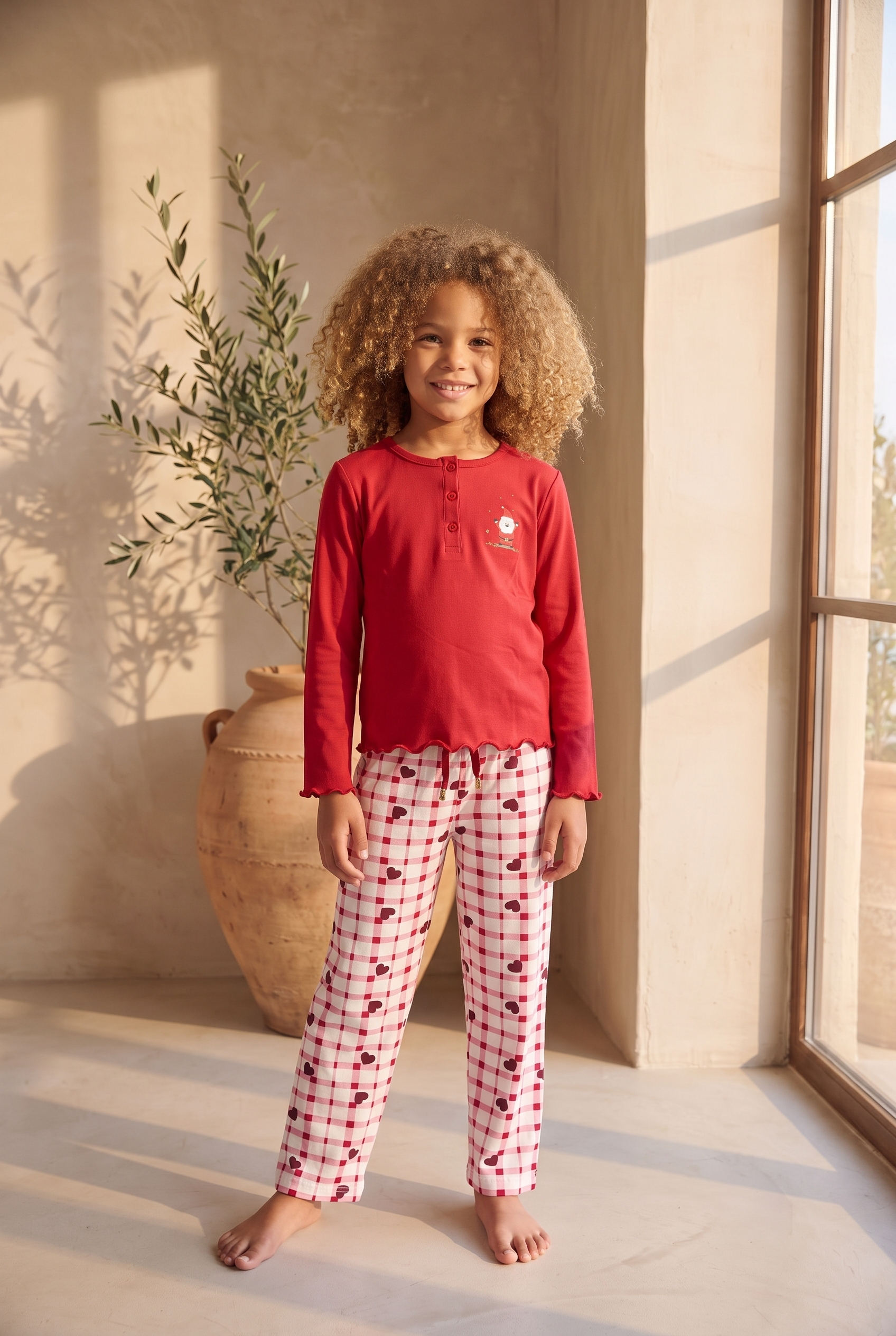 Kız Çocuk Dear Santa Ekoseli Pijama Takımı Kırmızı