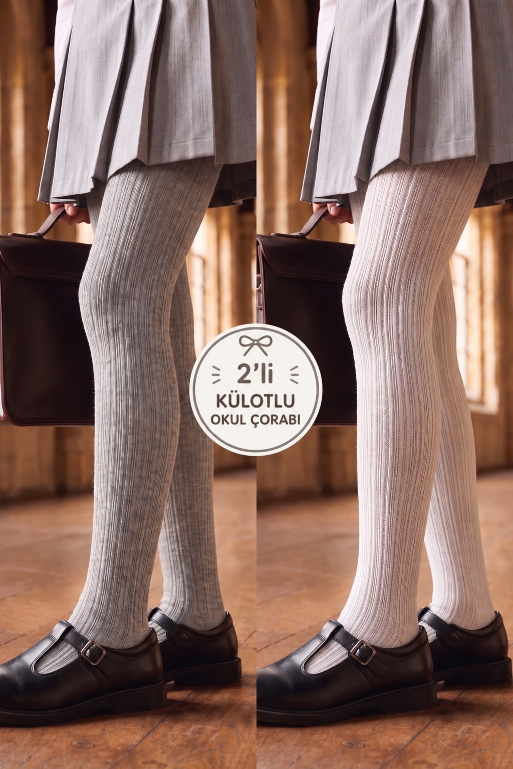 Girl's Gray White Colored Patterned 2-Piece Pantyhose