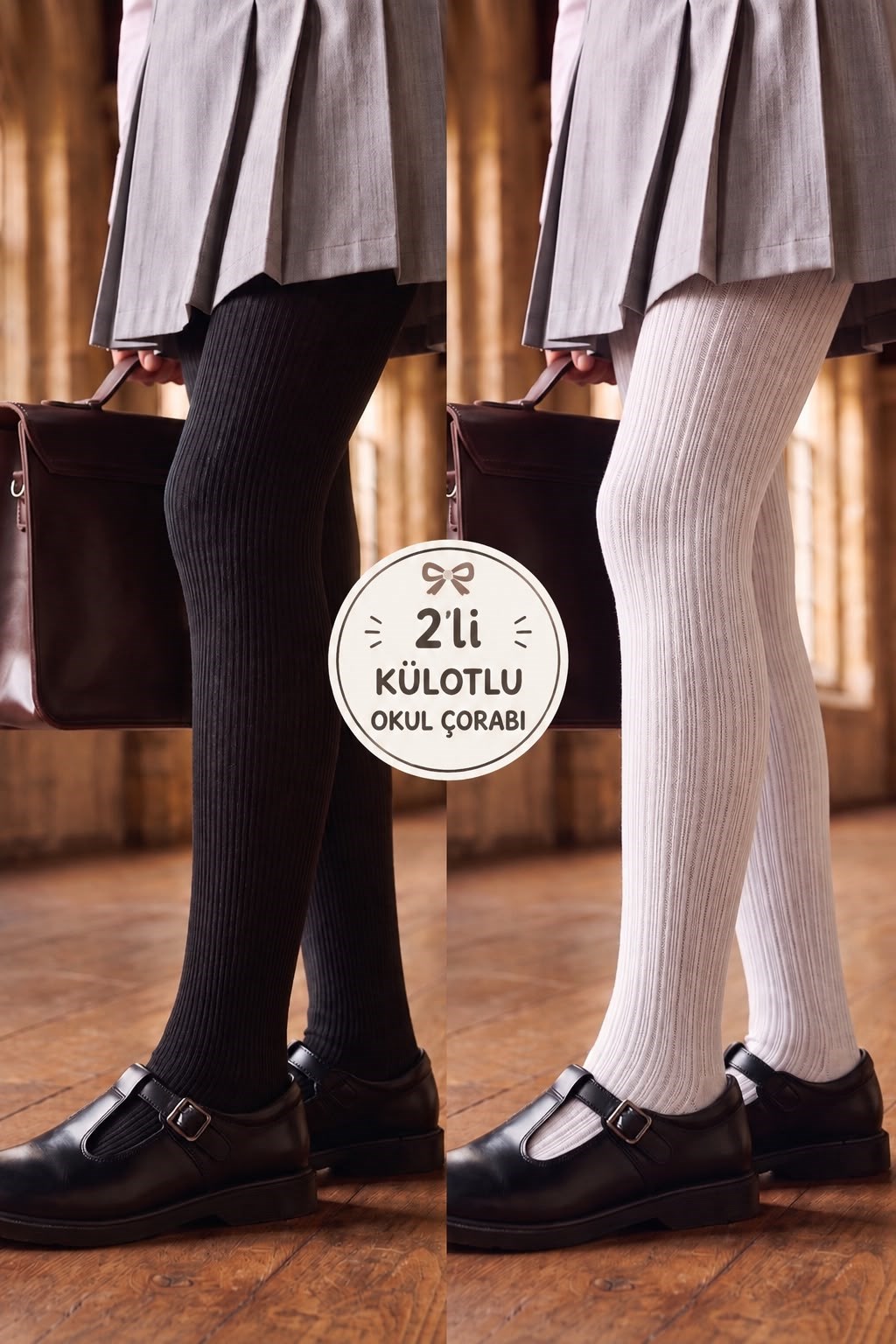 Girl's Black And White Colored Patterned 2-Piece Pantyhose