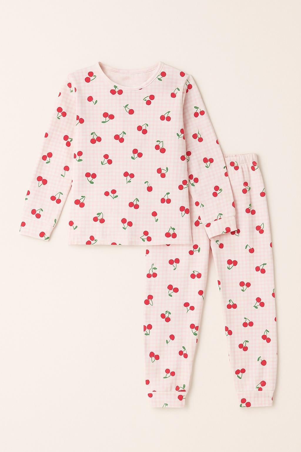 Kız Çocuk Ekoseli Kiraz Desenli Pijama Takımı