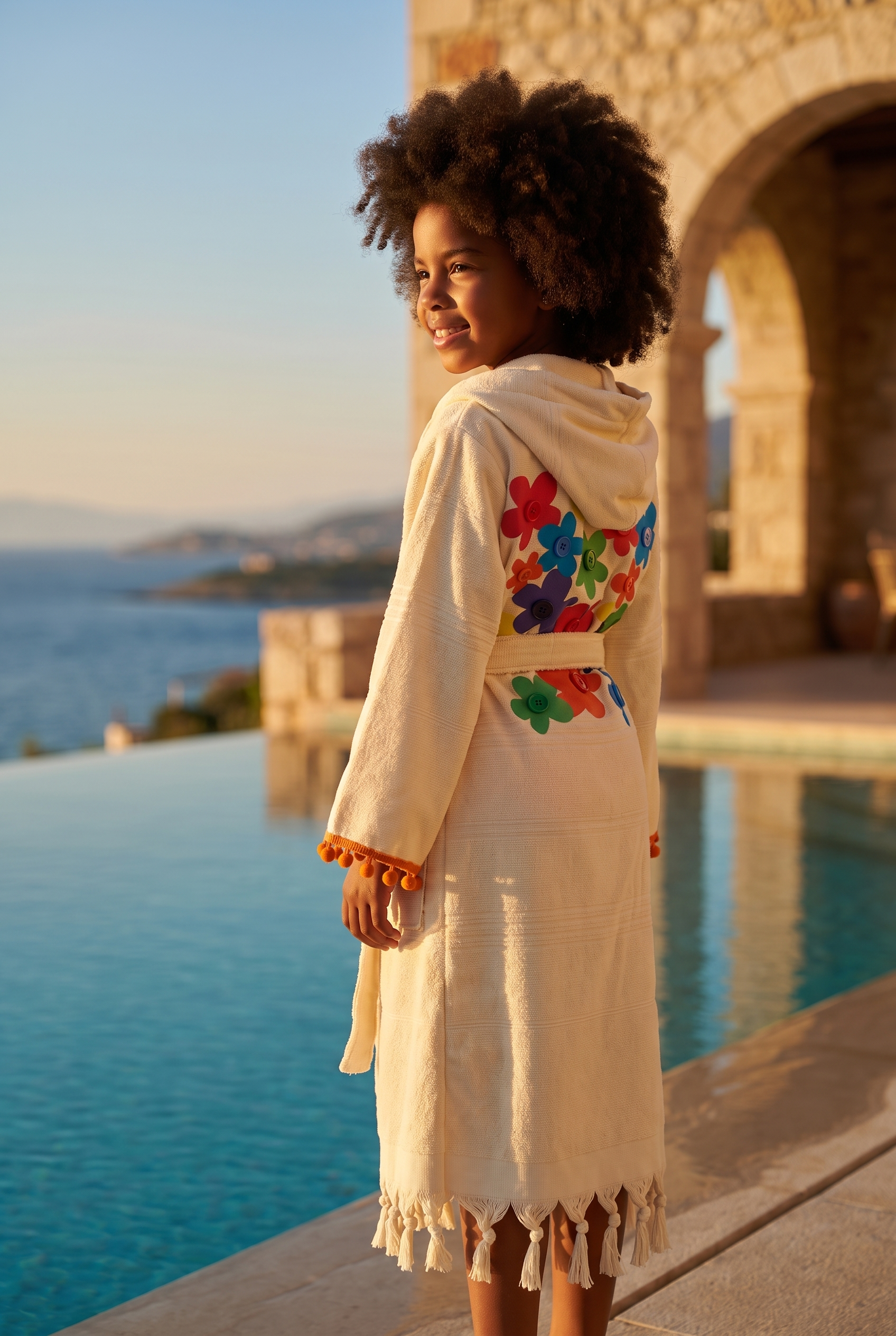 Girl's Ecru Colored Floral Patterned Peshtemal Bathrobe