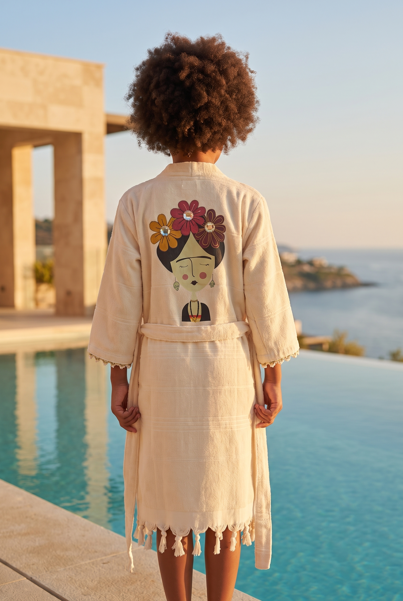 Girl's Ecru Colored Frida Printed Peshtemal Bathrobe