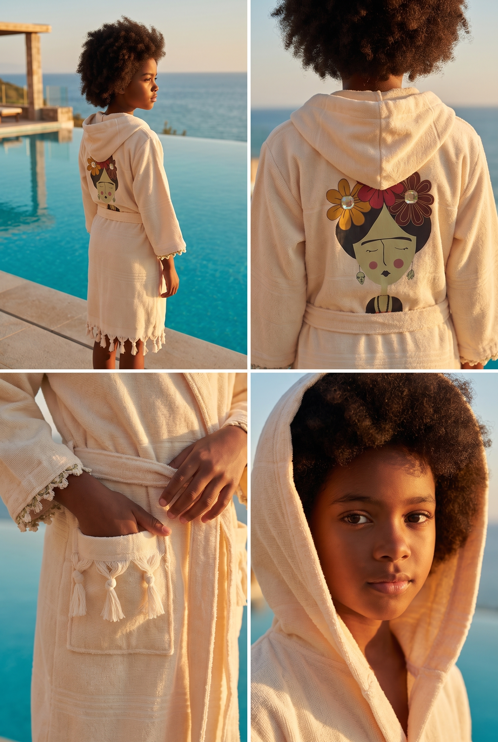 Girl's Ecru Colored Frida Printed Peshtemal Bathrobe