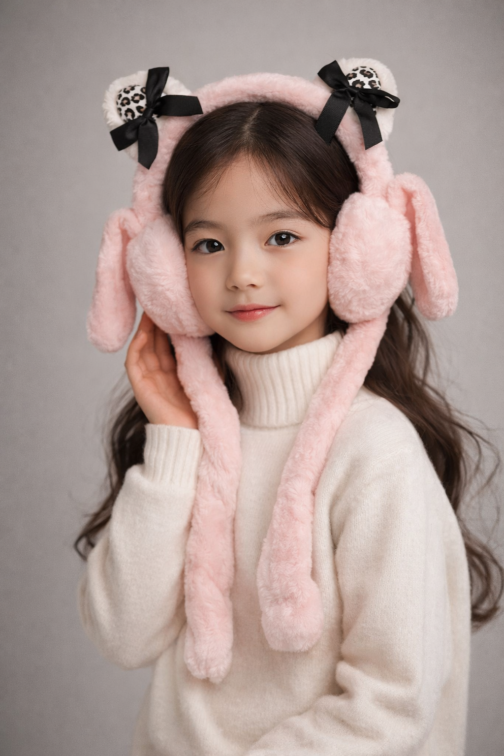 Kız Çocuk Fiyonk Aksesuarlı Kulak Koruyucu Taç Pembe