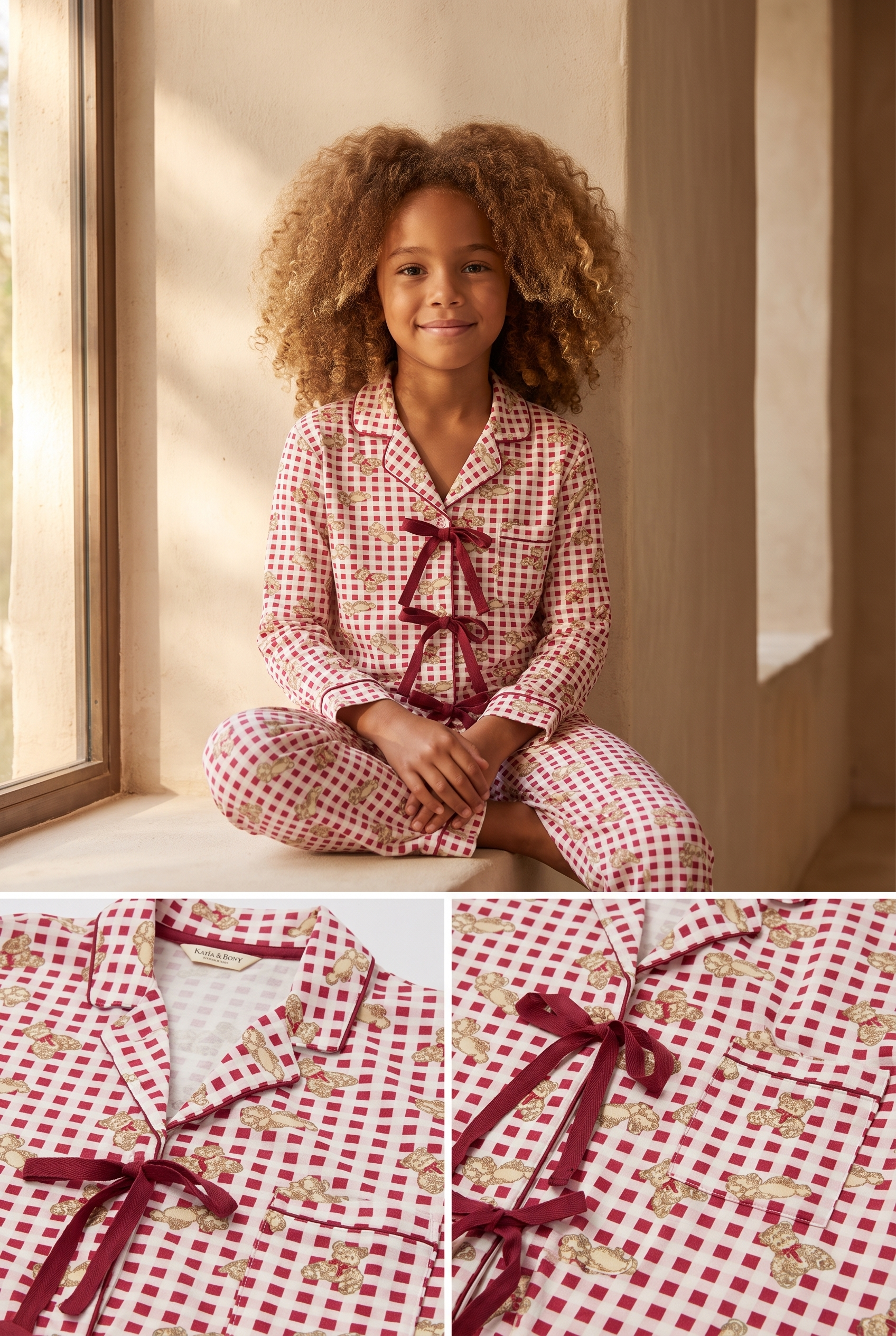 Kız Çocuk Fiyonklu Ayıcık Desenli Ekoseli Pijama Takımı