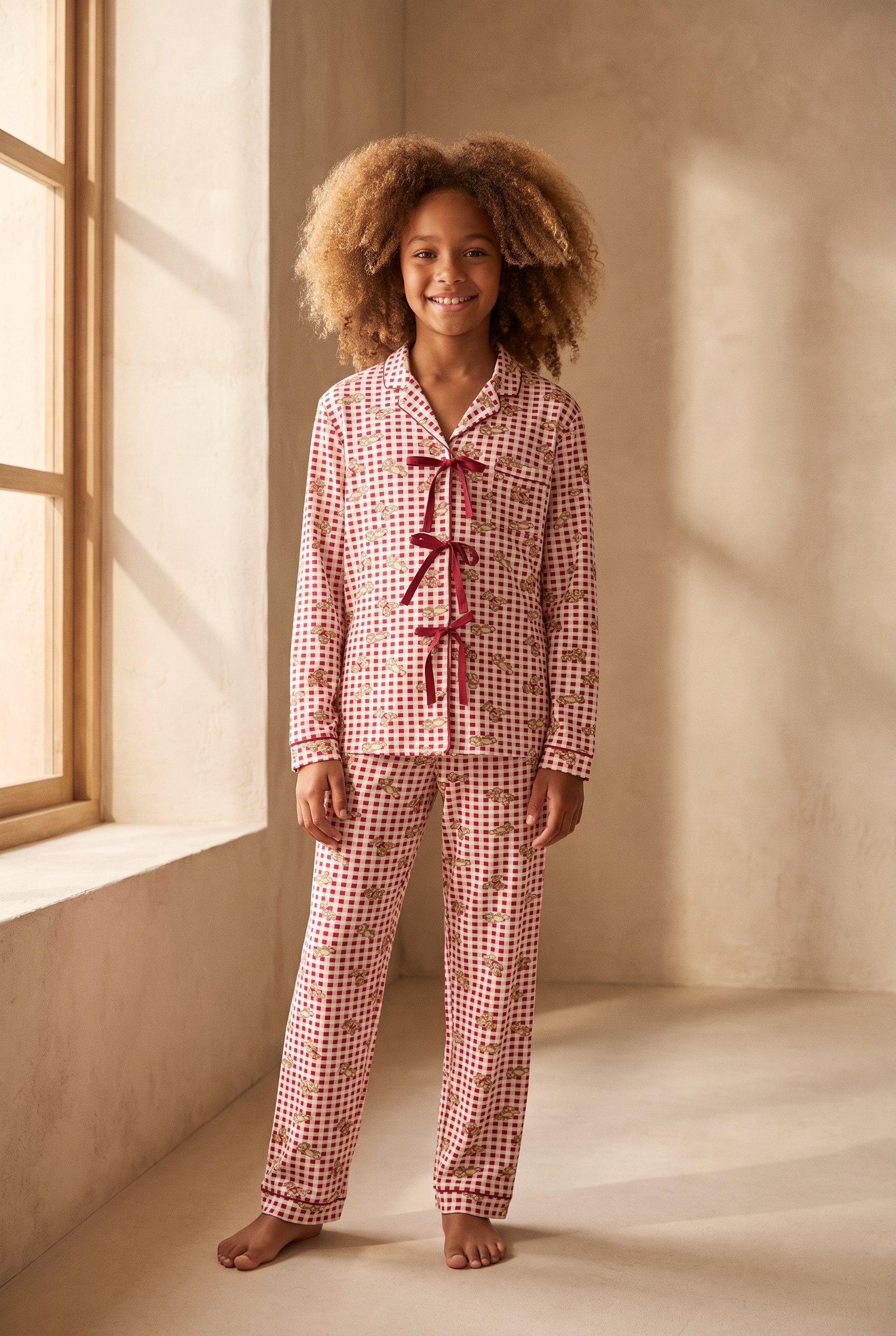 Kız Çocuk Fiyonklu Ayıcık Desenli Ekoseli Pijama Takımı
