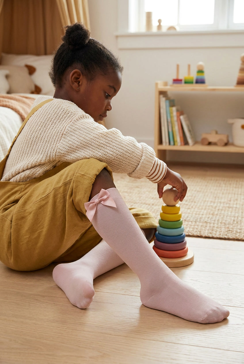 Girls' Knee-High Socks with Bow Pink