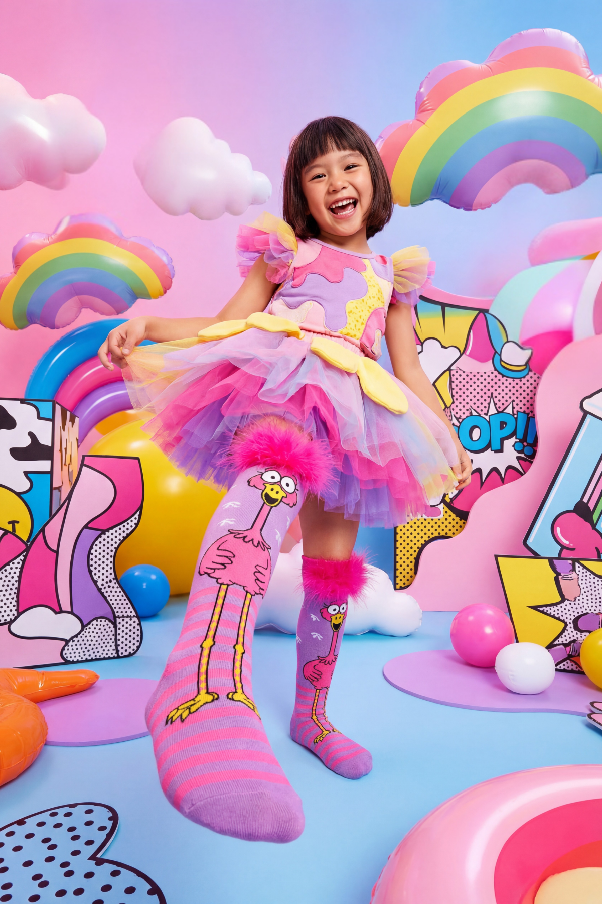 Kız Çocuk Flamingo Desenli Tüylü Aksesuarlı Dizüstü Çorap 