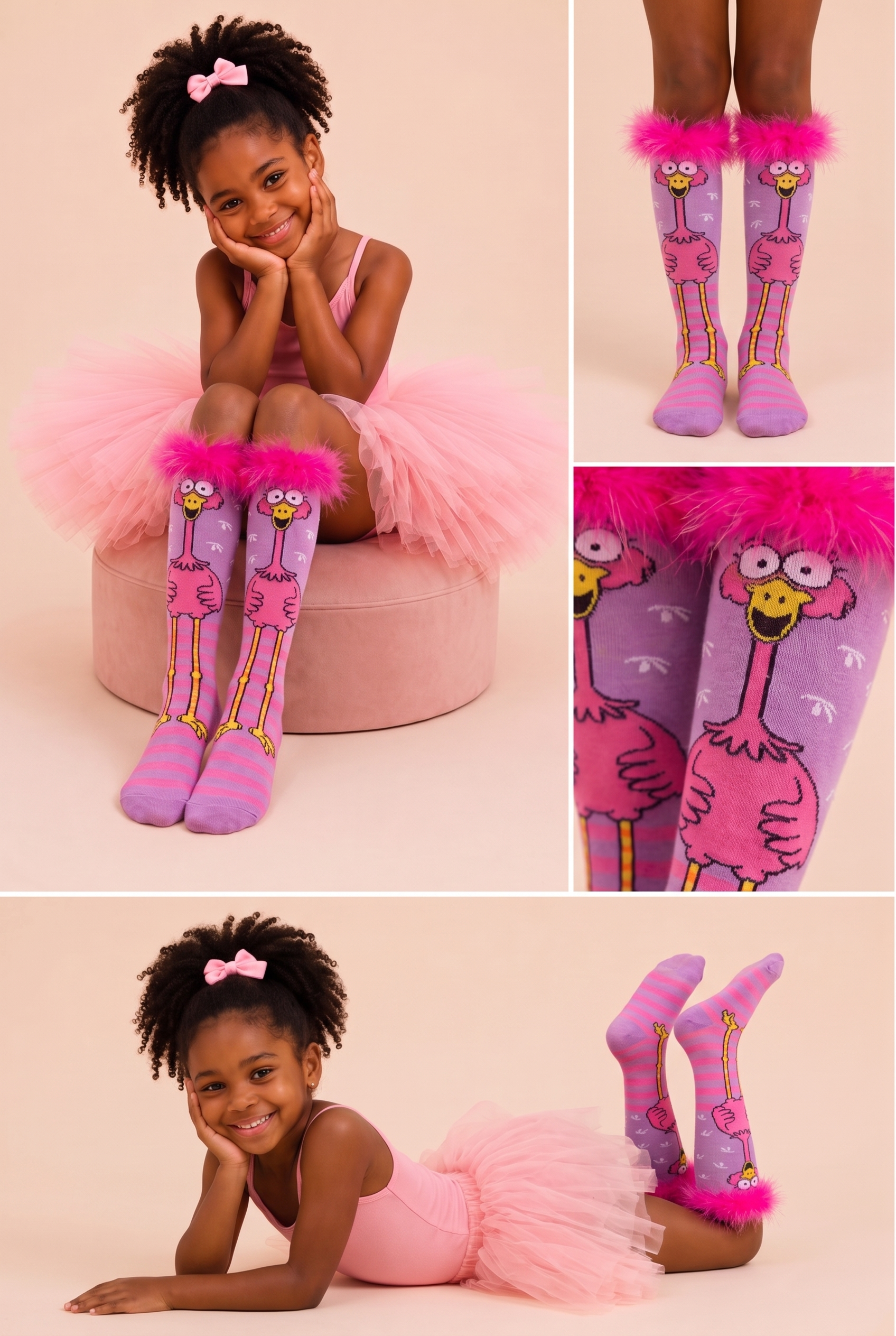 Girls' Flamingo Patterned Furry Accessory Knee-High Socks