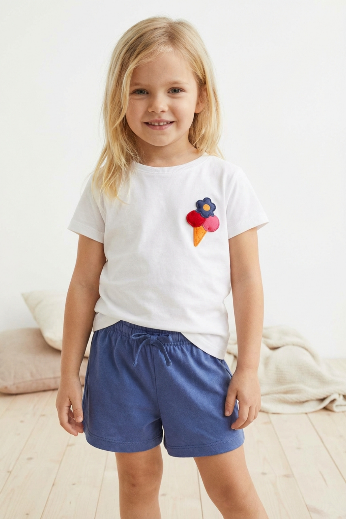 Kız Çocuk Floral Dondurma Desenli Şortlu Pijama Takımı