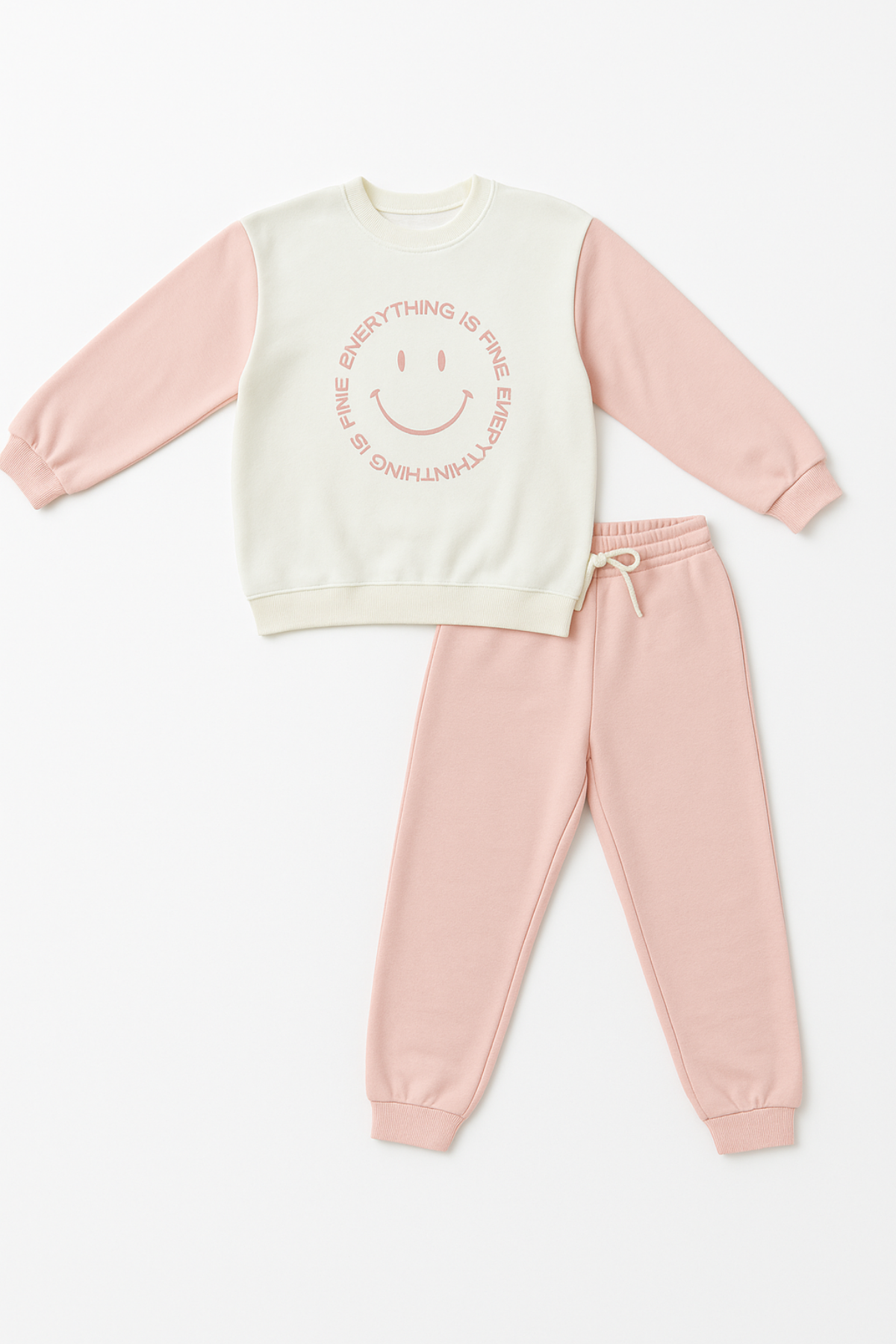 Kız Çocuk Gülen Surat Baskılı Eşofman Takımı Pembe