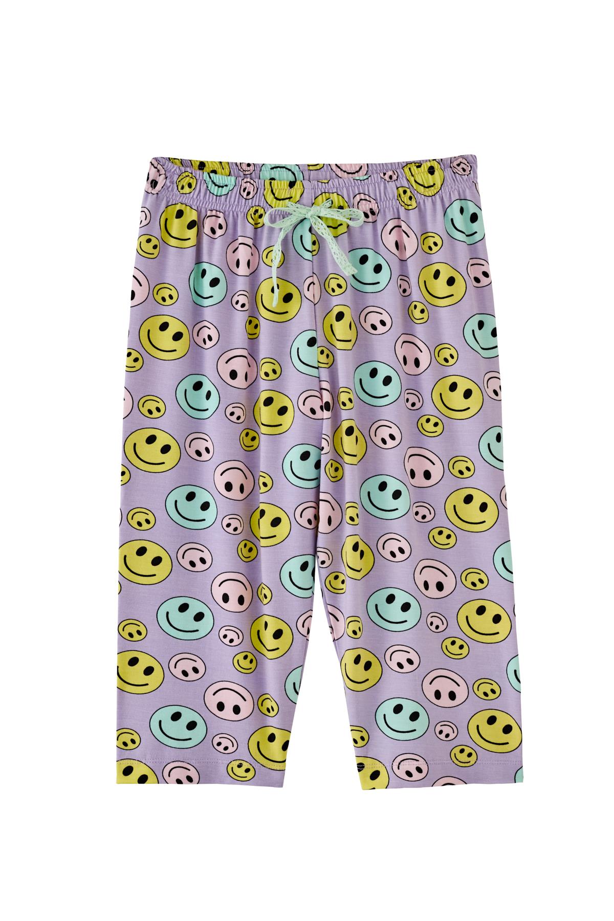 Kız Çocuk Gülen Yüz Desenli Kaprili Pijama Takımı