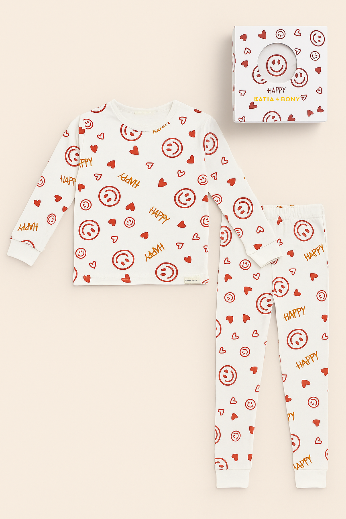 Kız Çocuk Gülen Yüz Desenli Kutulu Pijama Takımı Ekru