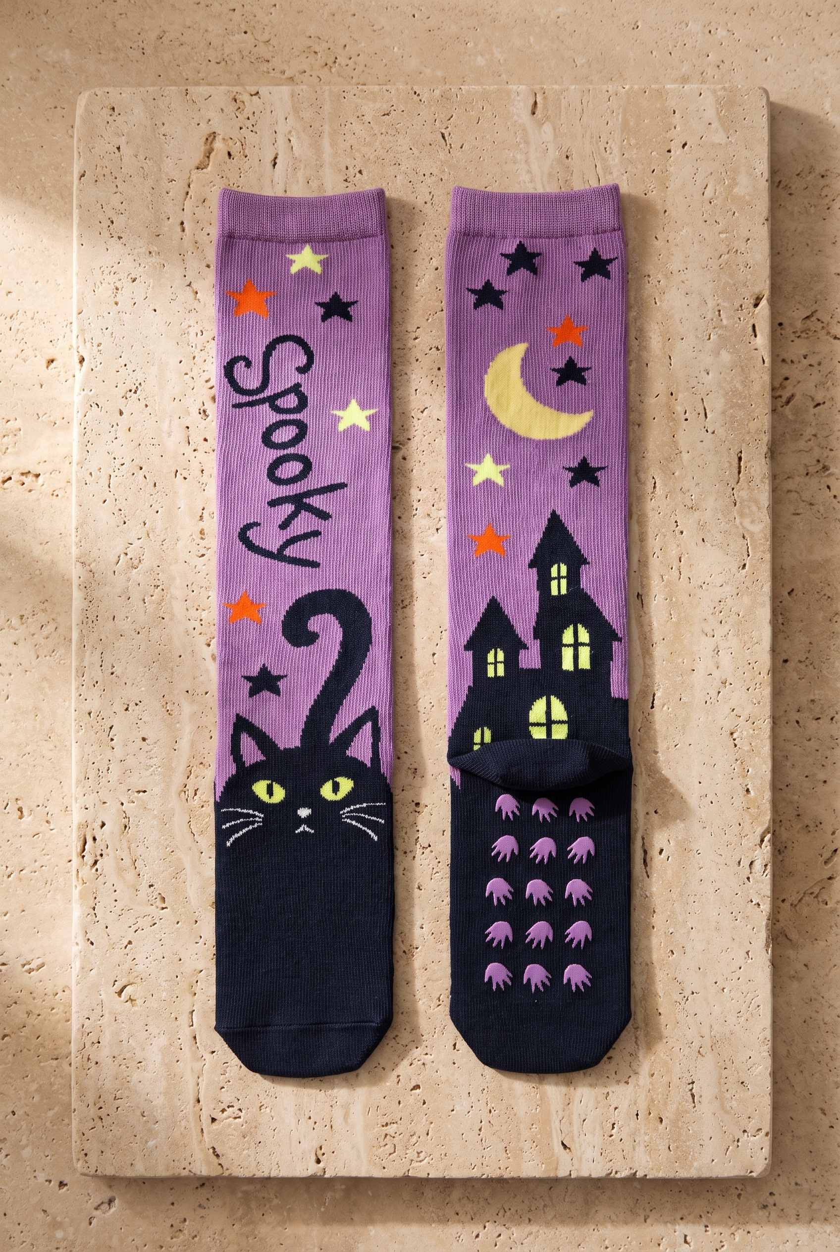 Kız Çocuk Halloween Temalı Spooky Desenli Dizaltı Çorap Lila