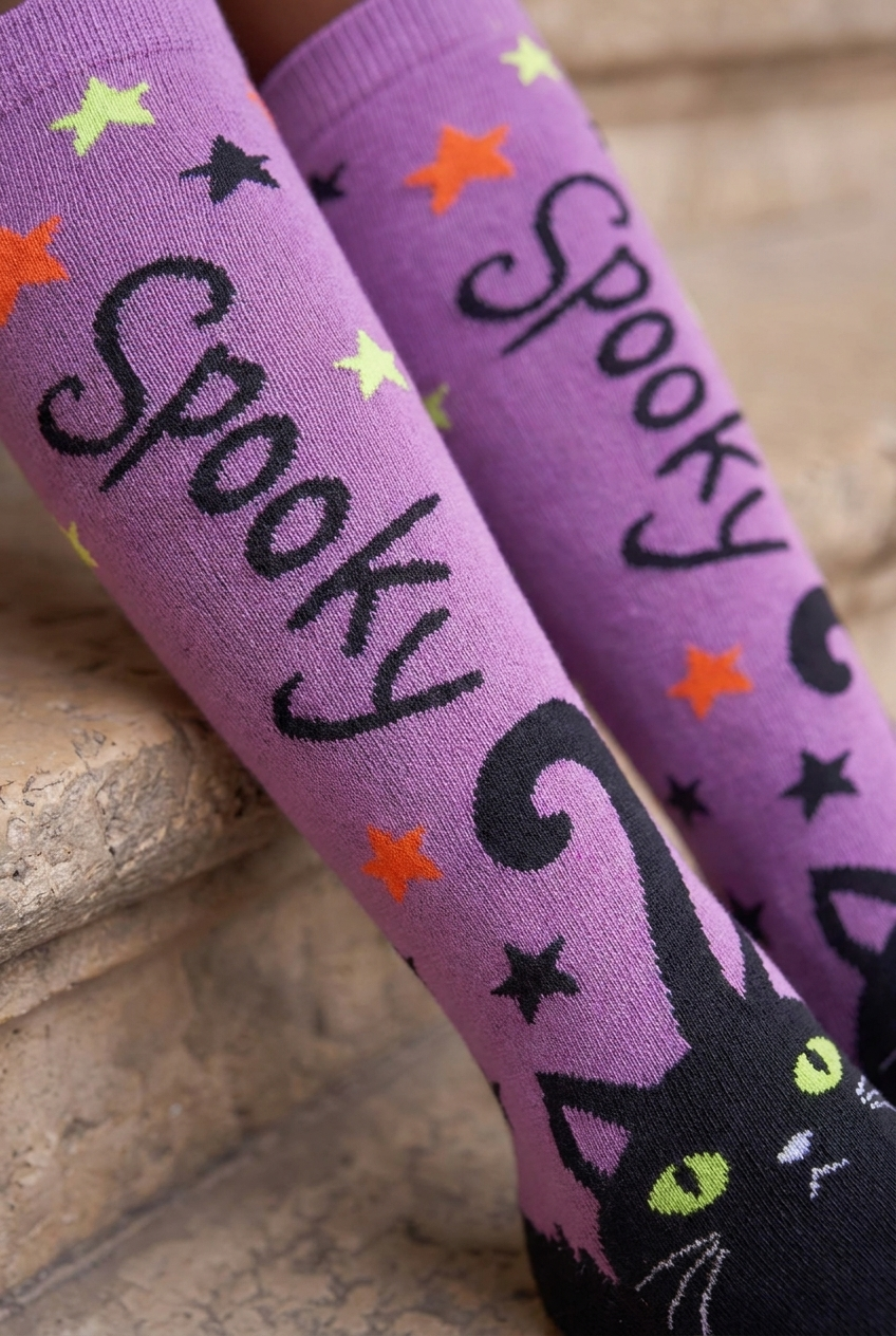 Kız Çocuk Halloween Temalı Spooky Desenli Dizaltı Çorap Lila