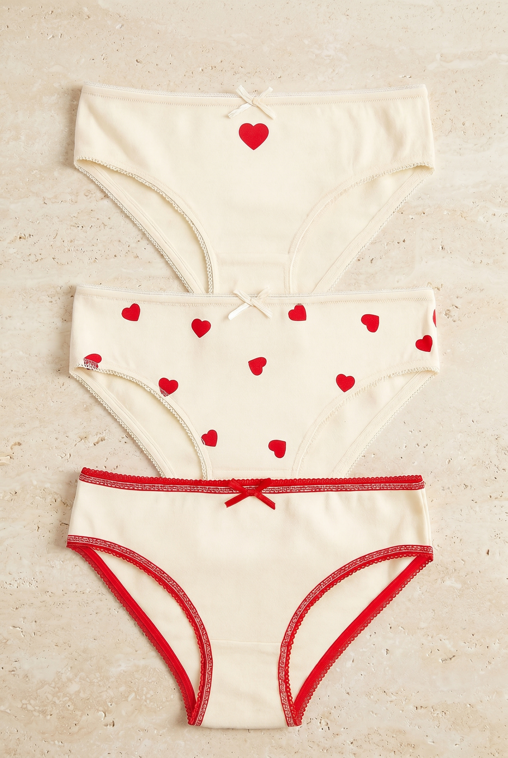 Kız Çocuk Kalpli 3'lü Slip Külot Ekru