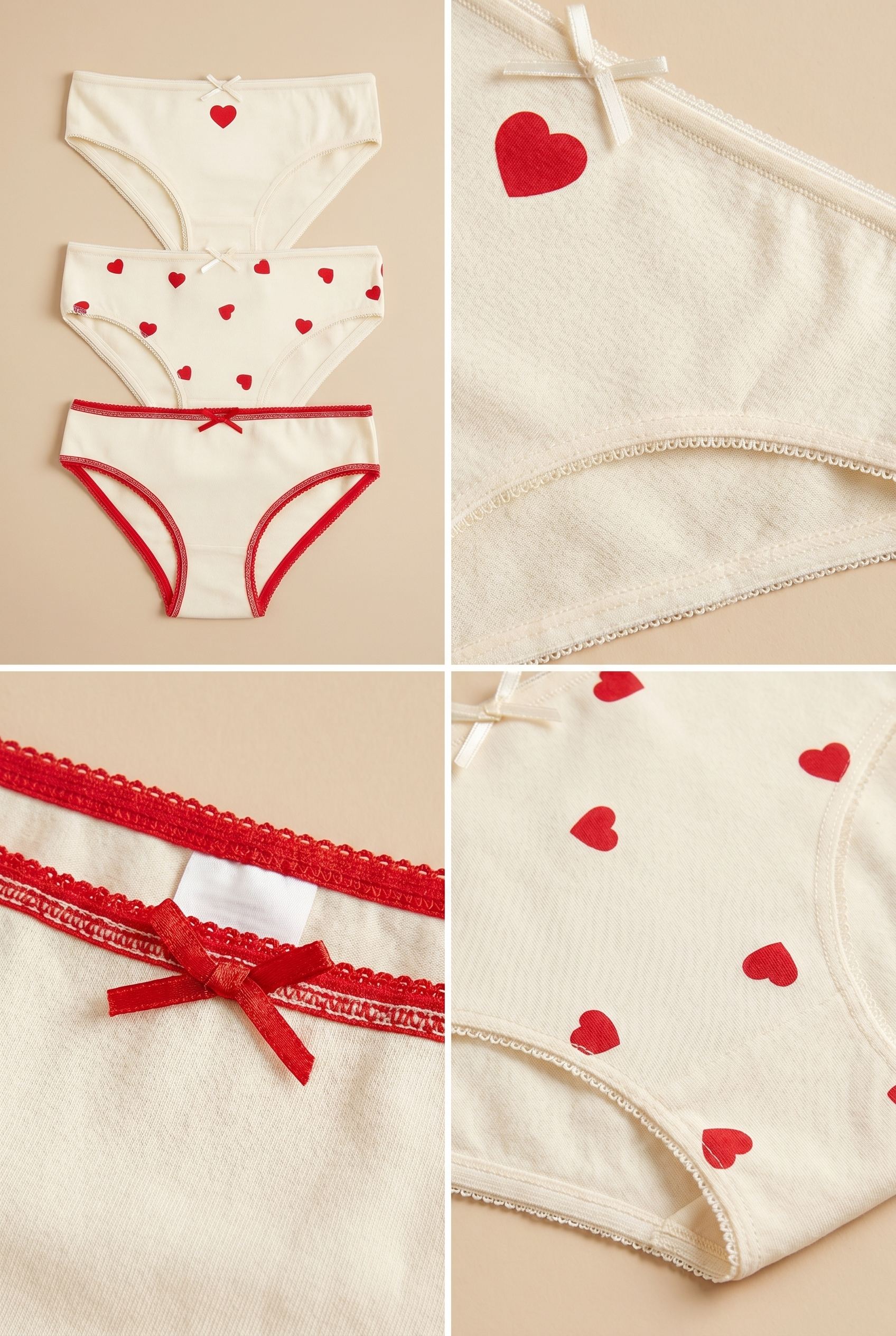 Kız Çocuk Kalpli 3'lü Slip Külot Ekru