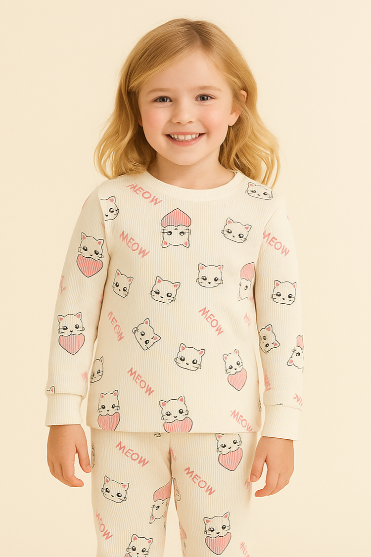 Kız Çocuk Kalpli Kedi Desenli Pijama Takımı