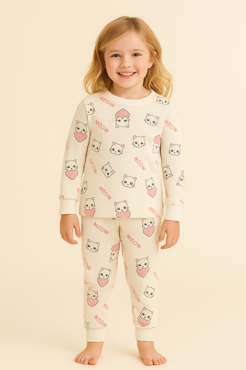 Kız Çocuk Kalpli Kedi Desenli Pijama Takımı