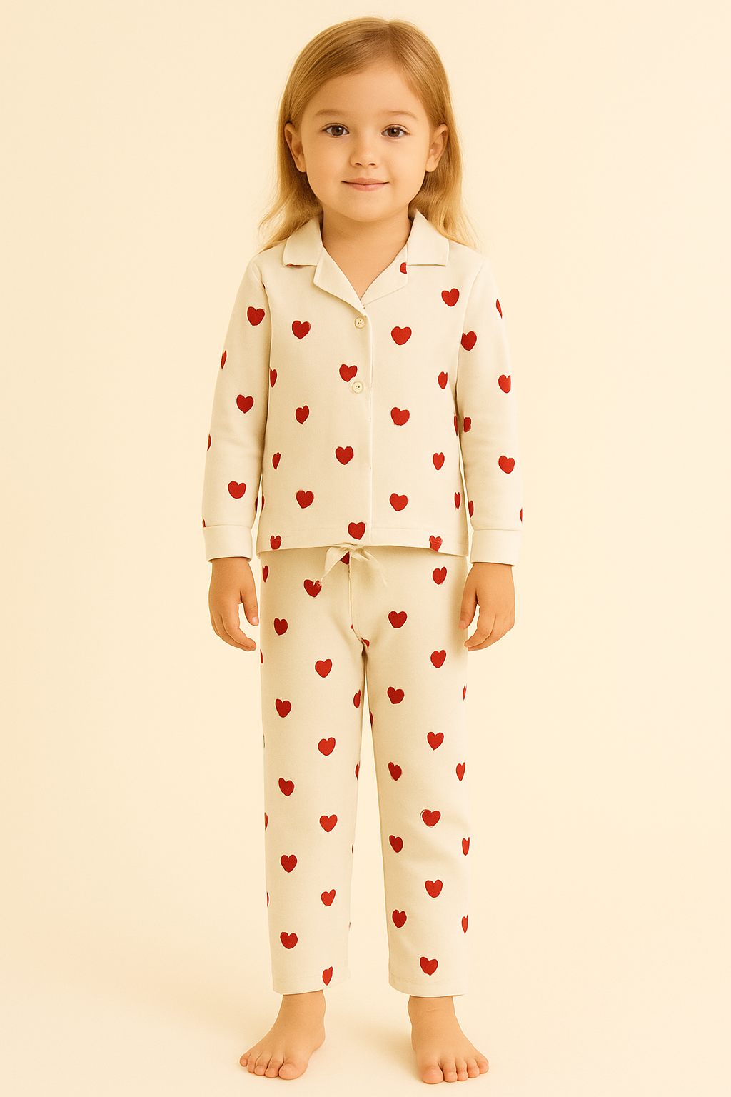 Kız Çocuk Kalpli Pijama Takımı Ekru