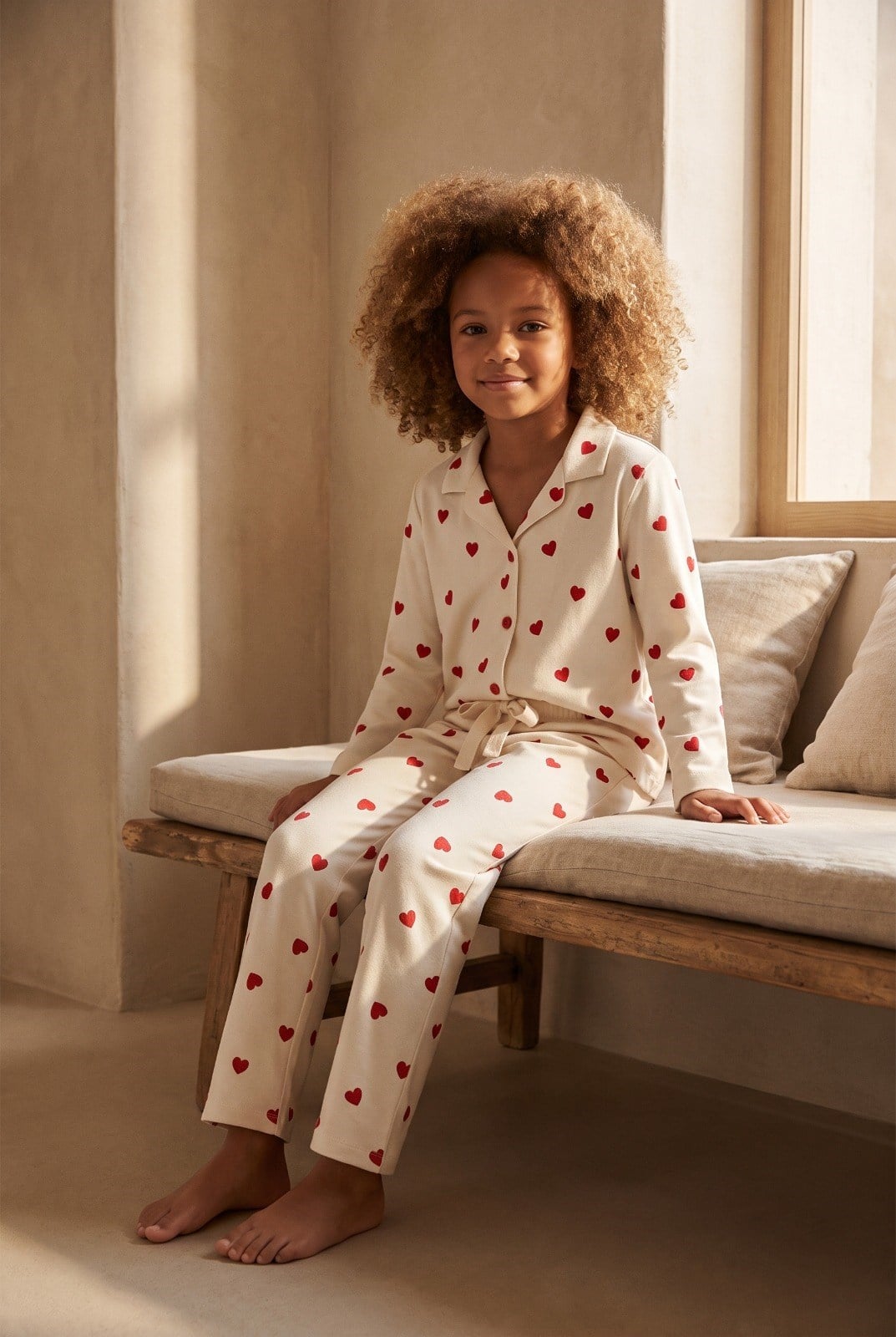 Kız Çocuk Kalpli Pijama Takımı Ekru