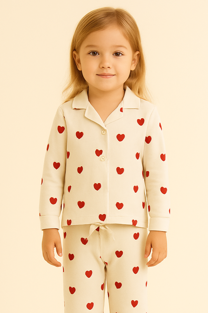 Kız Çocuk Kalpli Pijama Takımı Ekru