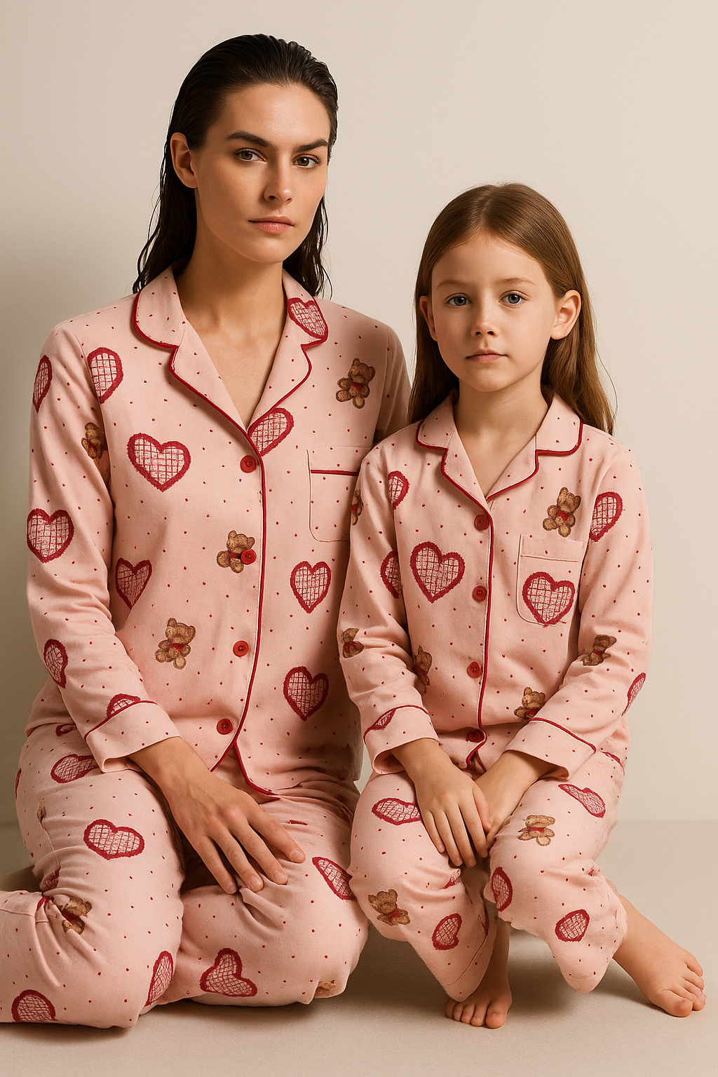 Kız Çocuk Kalpli Teddy Desenli Pijama Takımı Pembe