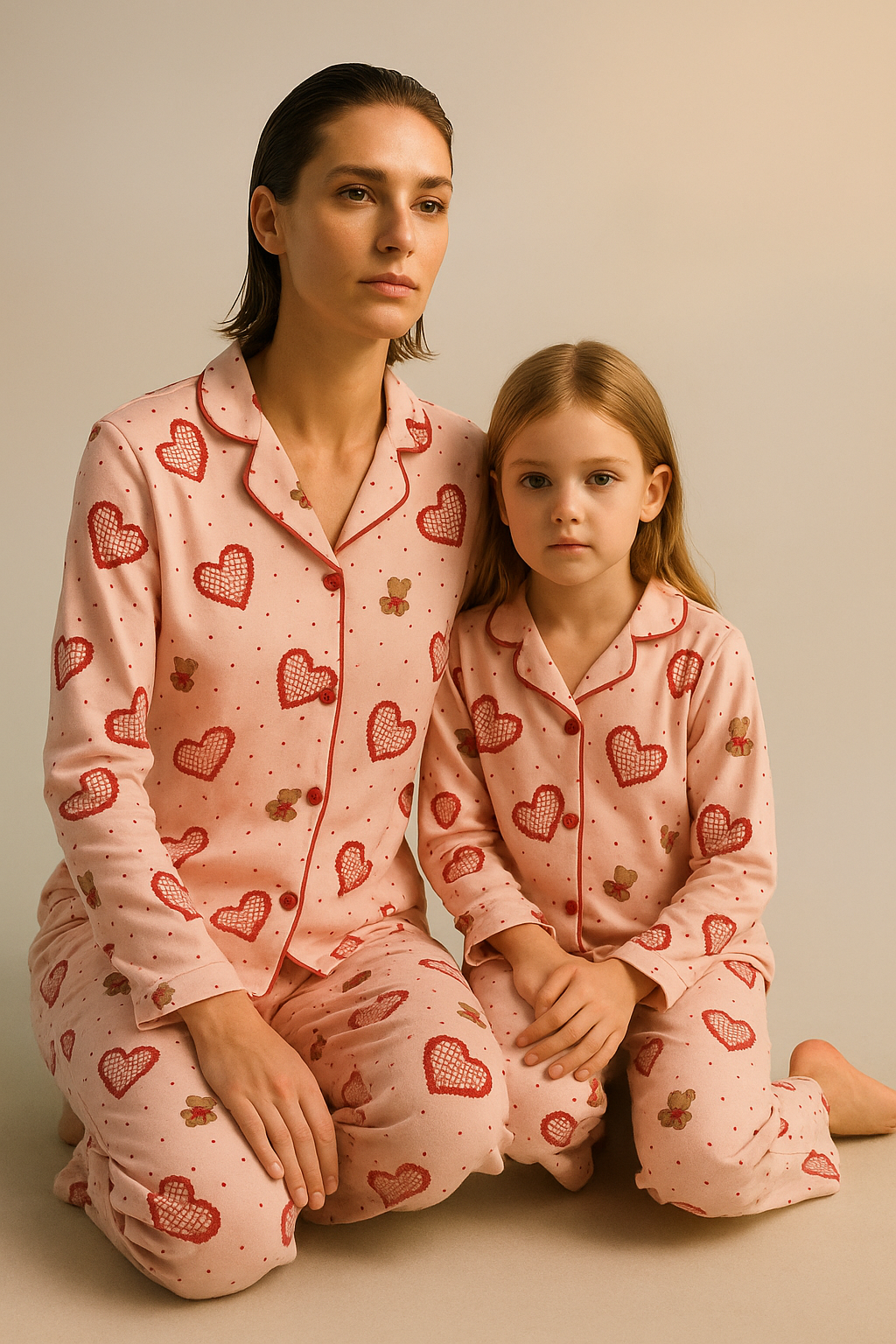 Kız Çocuk Kalpli Teddy Desenli Pijama Takımı Pembe