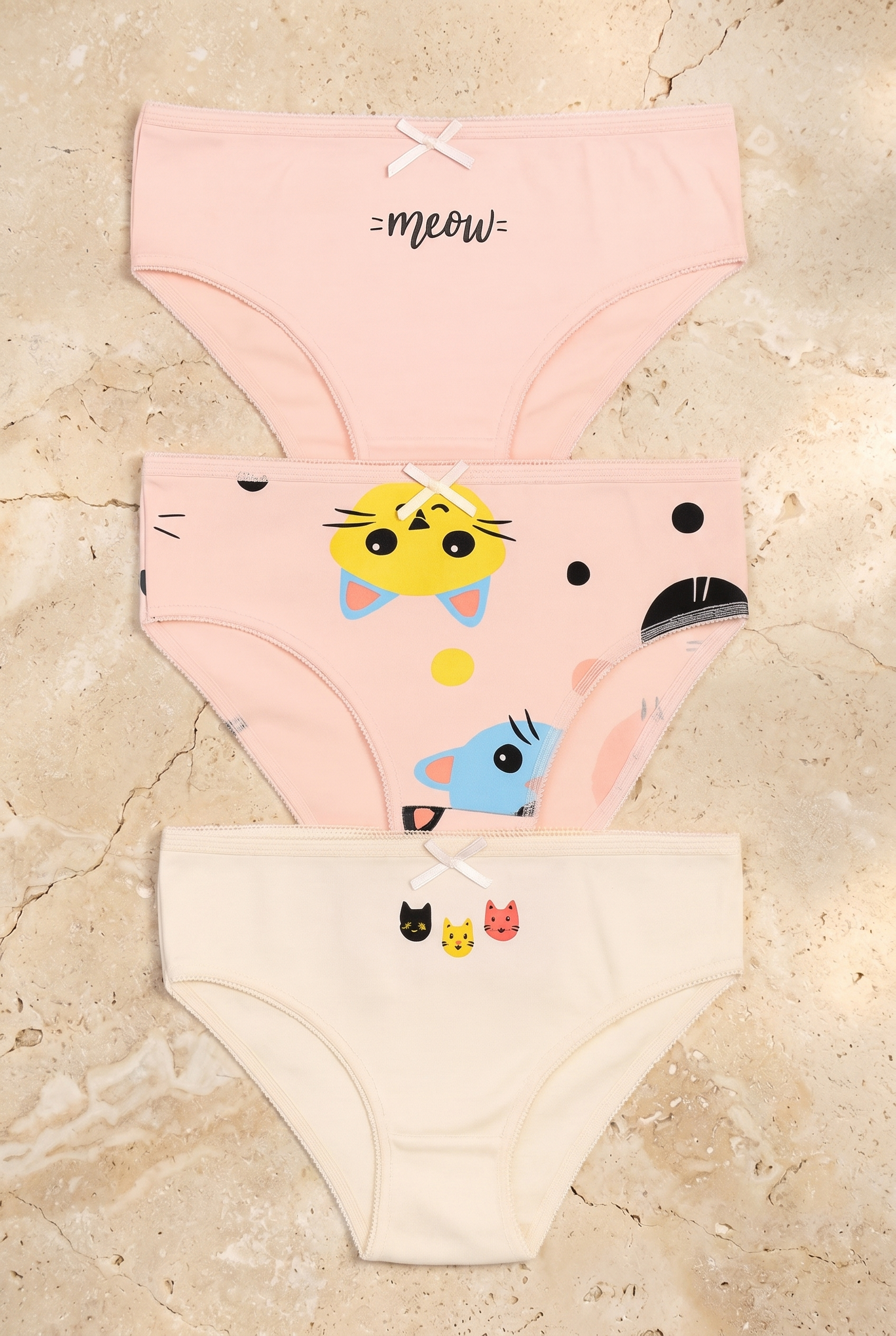 Kız Çocuk Kedi Desenli 3'lü Slip Külot Açık Pembe
